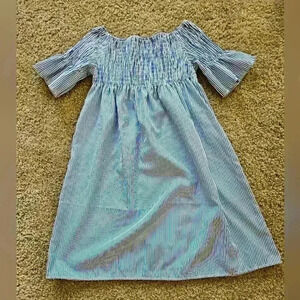 Off The Shoulder Blue & White Striped Smocked Peasant Style Dress Made In Italy